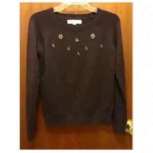 Woman ANN TAYLOR LOFT burgundy Jeweled Crewneck L/s Sweater Sz XS EUC Bejeweled